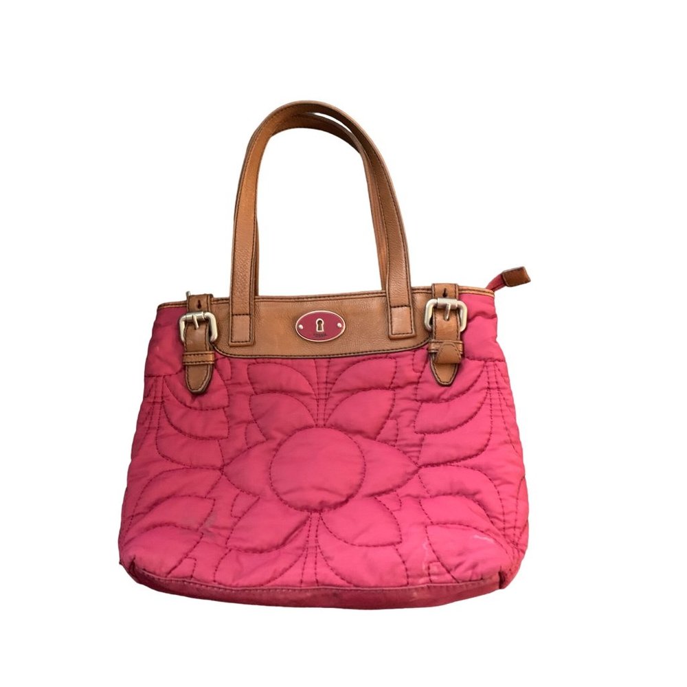 Fossil Key Purse Handbag Quilted Shoulder Bag Leather Trim Wine Color 13x10.5x4.